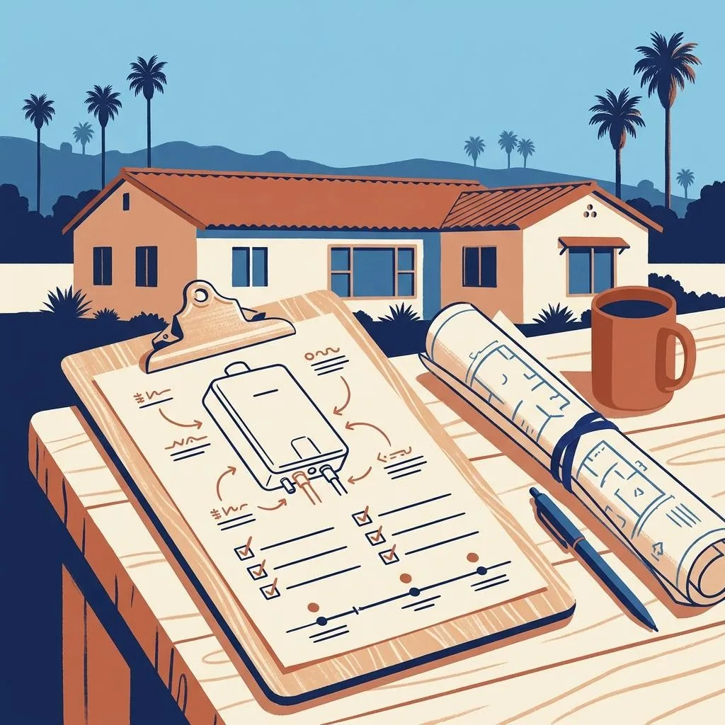 Illustration of a Los Angeles stucco home with tankless conversion planning documents