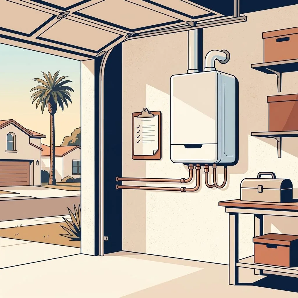 Illustration of a closed tankless water heater, maintenance checklist, and Los Angeles home