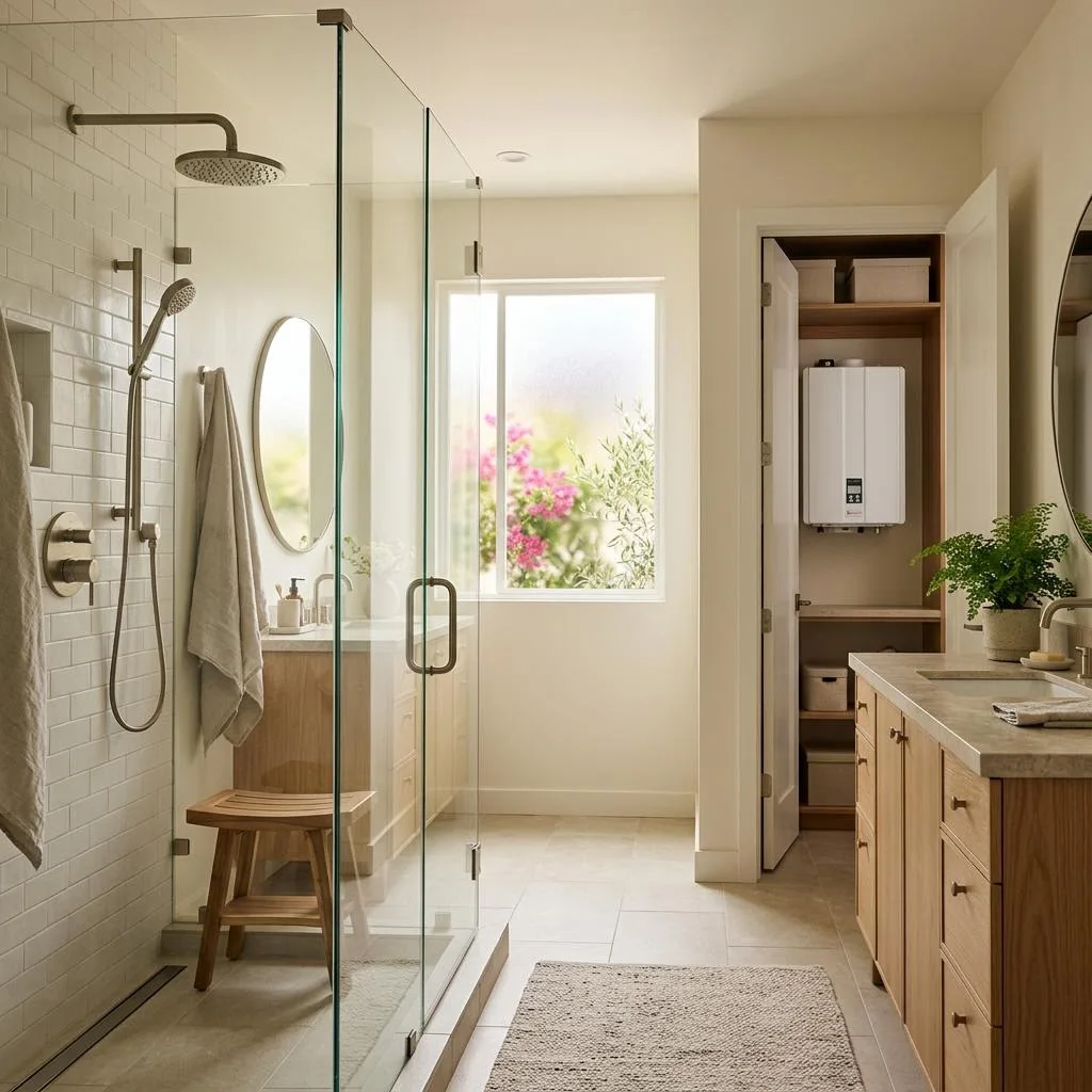 AI-generated view of a bright residential bathroom with a tankless water heater in an adjacent utility space